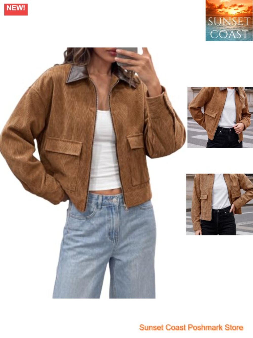 Womens Cropped Corduroy Jacket Oversized Zip Up Barn Bomber Coat